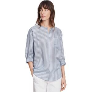 Vince Striped 100% Silk Chest Pocket Blouse Womens XS Blue Grey FLAW